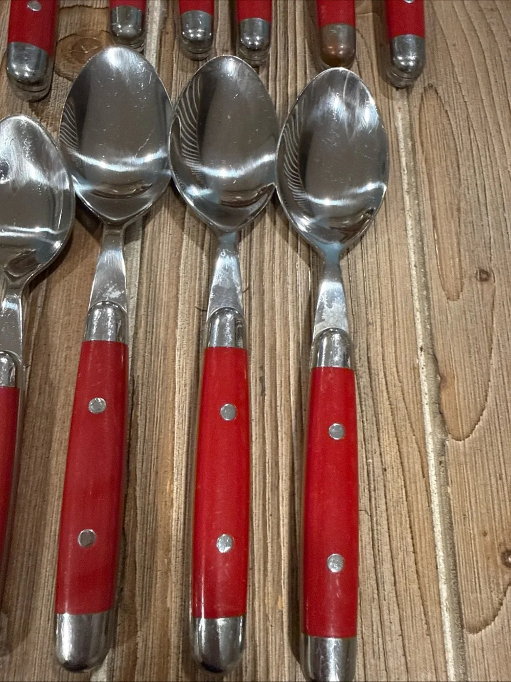 Vintage MCM Red Riveted Flatware 14 Pc Lot Stainless China X Knives Forks Spoons